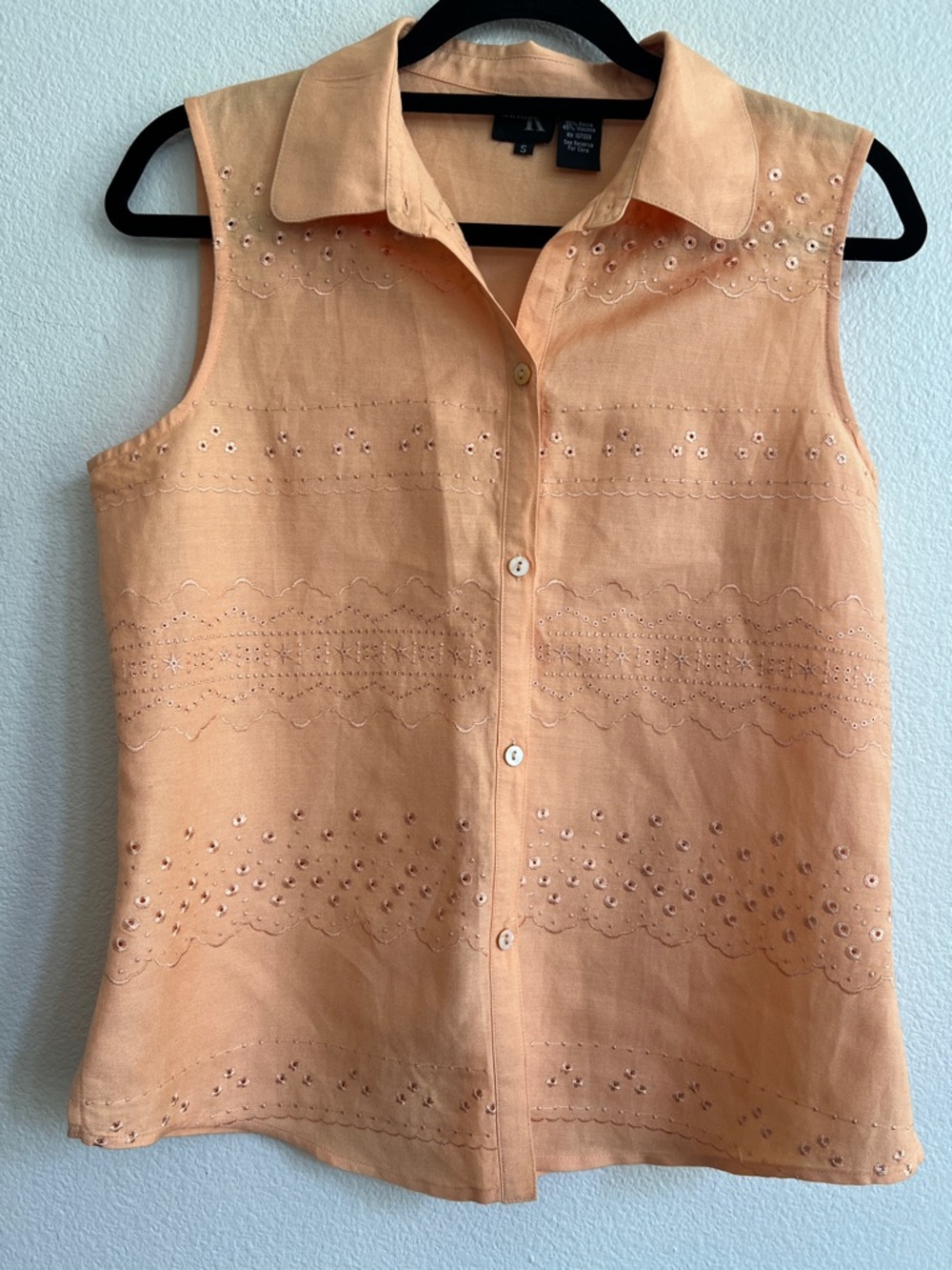 DINA K Vintage Sleeveless Button Up Shirt Eyelet Embroidered Peach/Orange Size S